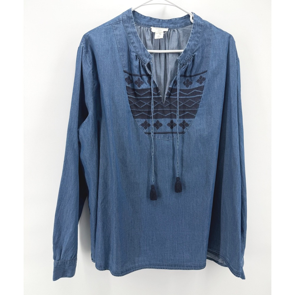 LOFT Outlet Lounge Blue Embroidered Chambray Top Boho Preppy Tassel Women XL EUC